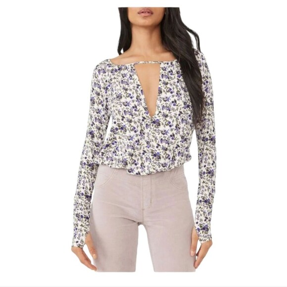Free People Tops - FREE PEOPLE Intimately 'Kaya' Ivory Floral Print Cutout Long Sleeve Bodysuit XS